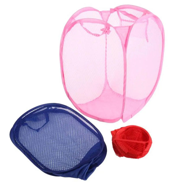 Set of three mesh laundry bags in pink, blue, and red on a white background