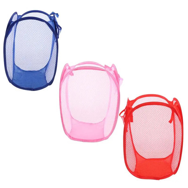 Three mesh laundry bags in blue, pink, and red on a white background
