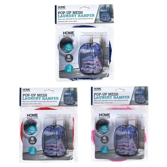 Multiple packages of Home Master pop-up mesh laundry hampers on a white background