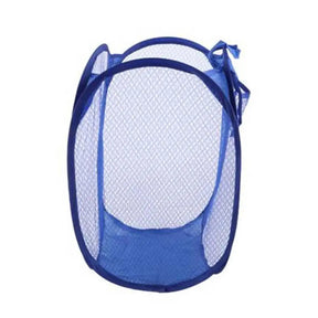 Blue mesh laundry basket on a white background