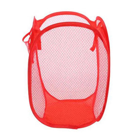 Red mesh laundry basket on a white background
