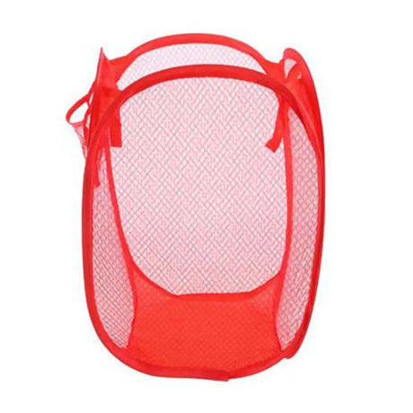Red mesh laundry basket on a white background