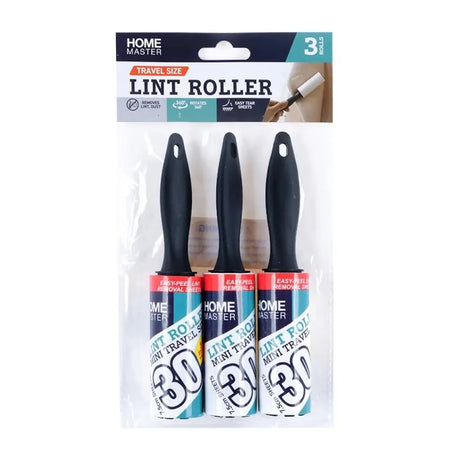 Packaging of three Home Master travel size lint rollers with visible branding.