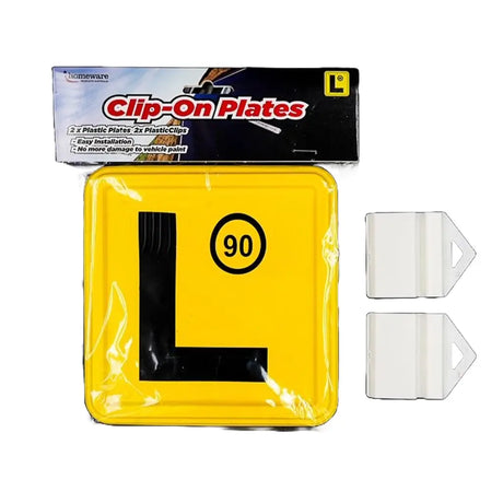 Yellow clip-on plates with a black 'L' and number 90, packaging included.