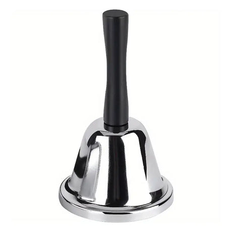 Metallic handbell with a black handle on a white background