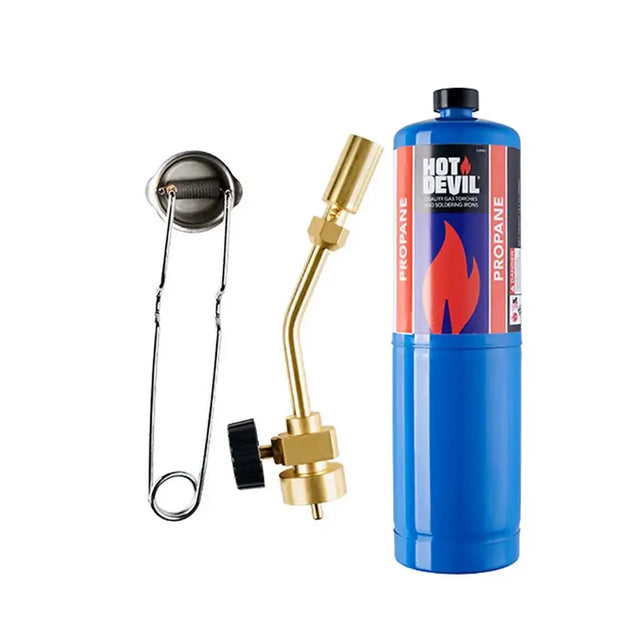 A Hot Devil propane torch lighter set on a white background, featuring a blue propane tank, brass torch with a black adjustment knob, and a metal screen.
