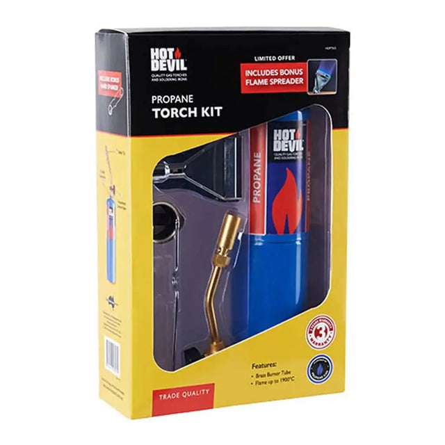 Hot Devil Propane Torch Kit in its original retail packaging, featuring a blue propane torch and a brass torch tip inside a yellow and black box.