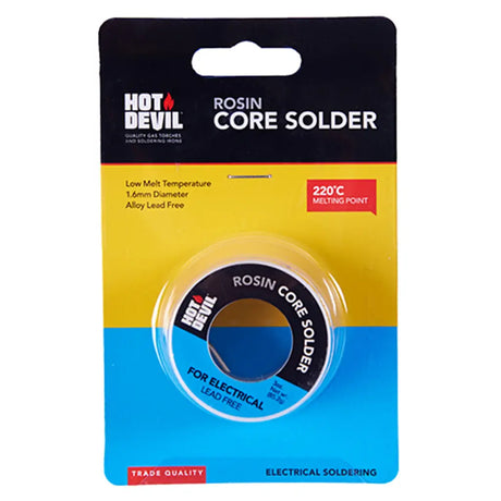 Hot Devil Rosin Core Solder electrical solder tape in a clear plastic roll on a black, yellow, and blue retail card.