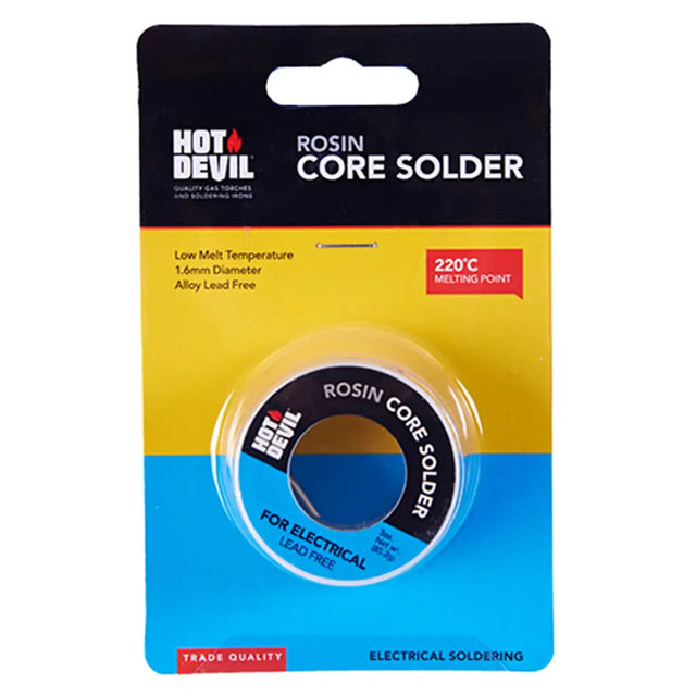 Hot Devil Rosin Core Solder electrical solder tape in a clear plastic roll on a black, yellow, and blue retail card.