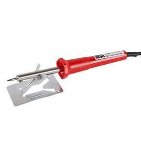 A red and silver hot soldering iron with a metal stand, shown on a plain white background.
