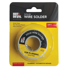 Hot Devil Solid Wire Solder in a yellow retail blister pack, designed for plumbing and automotive repairs with a 220°C melting point.