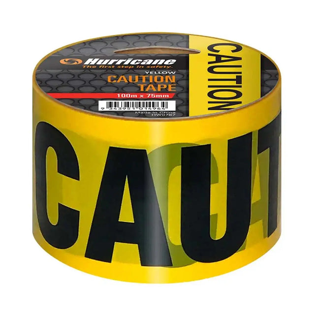 Roll of yellow caution tape with black text on a white background