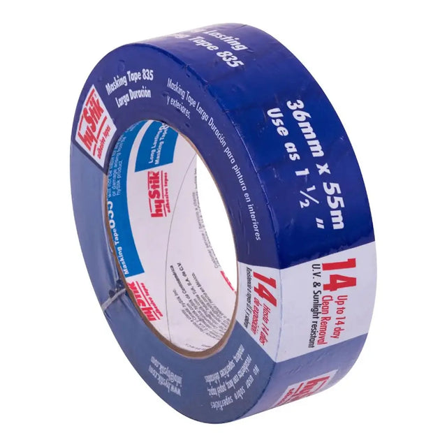 Roll of blue tape with red and white text on a white background