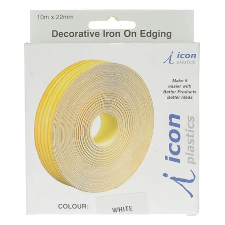 Packaged decorative iron-on edging with icon plastics branding on a white background