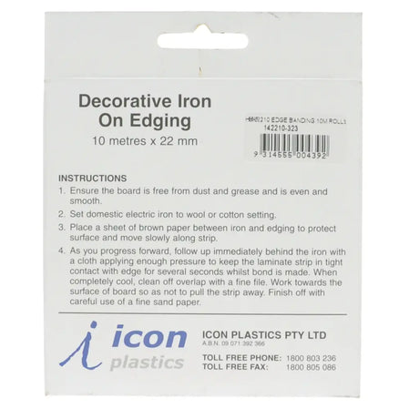 Packaging of decorative iron-on edging with instructions and branding details.