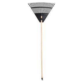 Garden rake with black metal head and wooden handle on a white background