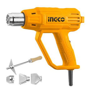 Yellow Incco heat gun with metal nozzle attachments and a wooden-handled tool, shown on a plain white background.