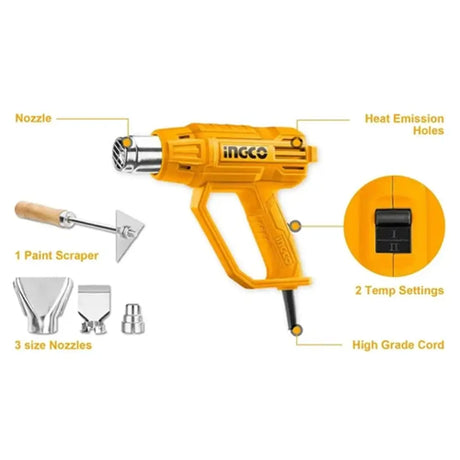Yellow ineco heat gun with callout labels pointing to nozzle, heat emission holes, temp settings, and high grade cord, plus included paint scraper and three nozzle attachments on a white background.