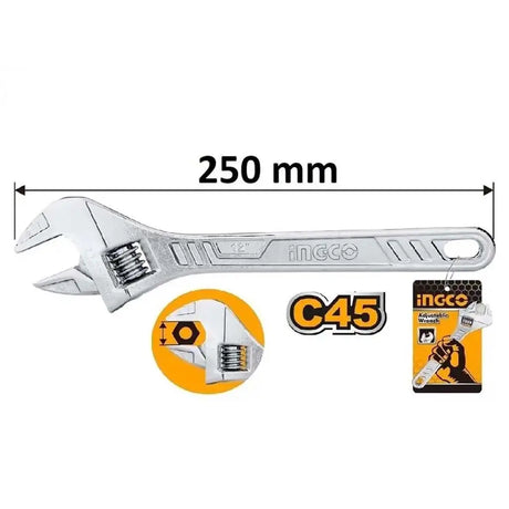 Adjustable wrench with dimensions and Ingco branding on a white background