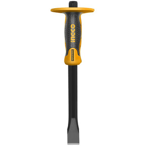Chisel with a yellow handle on a white background