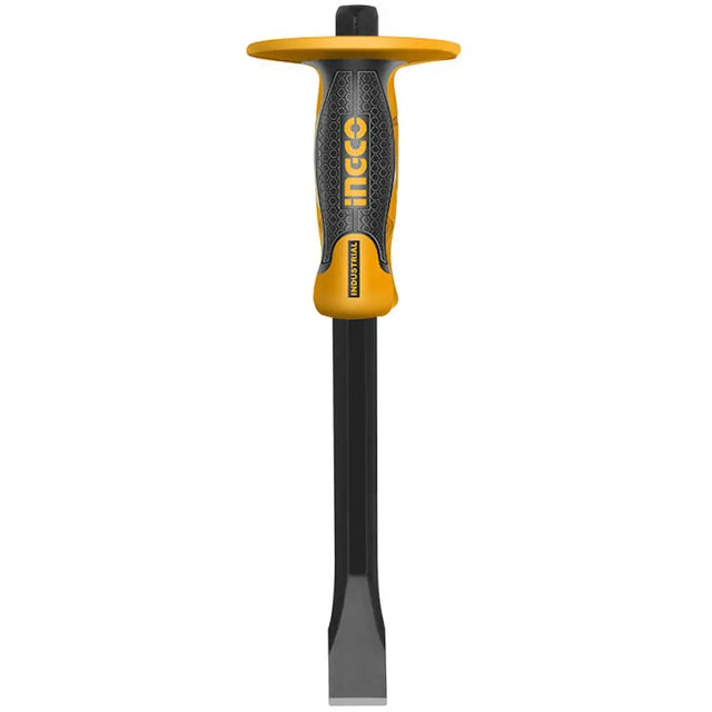 Chisel with a yellow handle on a white background