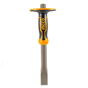 Chisel with a black and orange handle on a white background
