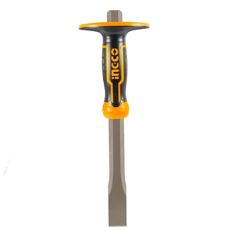 Chisel with a black and orange handle on a white background