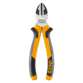 Pair of diagonal cutting pliers with yellow and gray handles on a white background