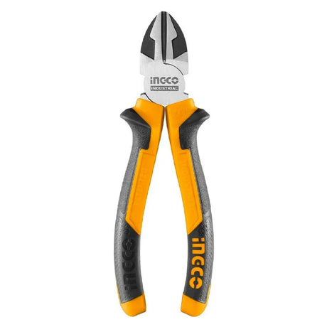 Pair of diagonal cutting pliers with yellow and gray handles on a white background