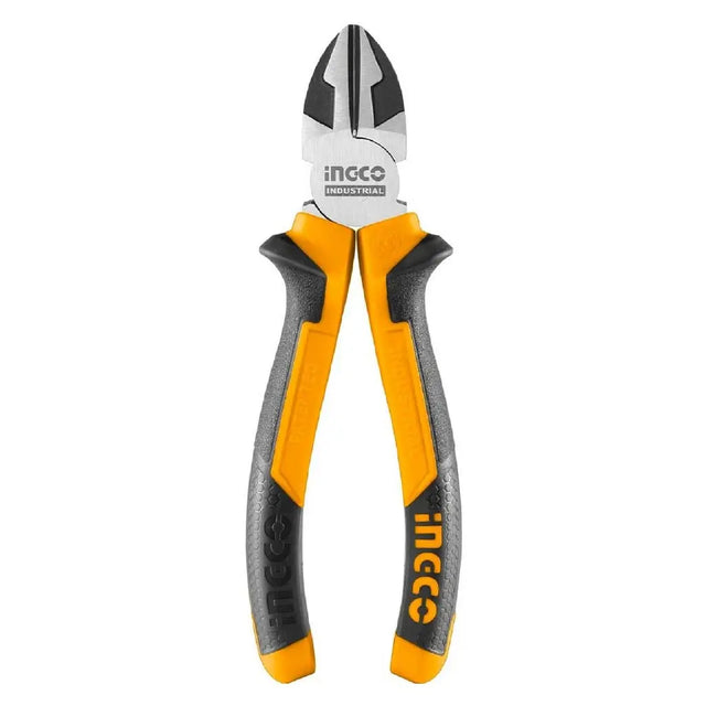 Pair of diagonal cutting pliers with yellow and gray handles on a white background