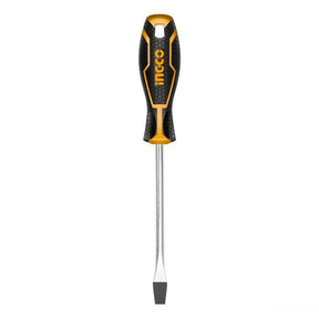 Screwdriver with black and yellow handle on a white background