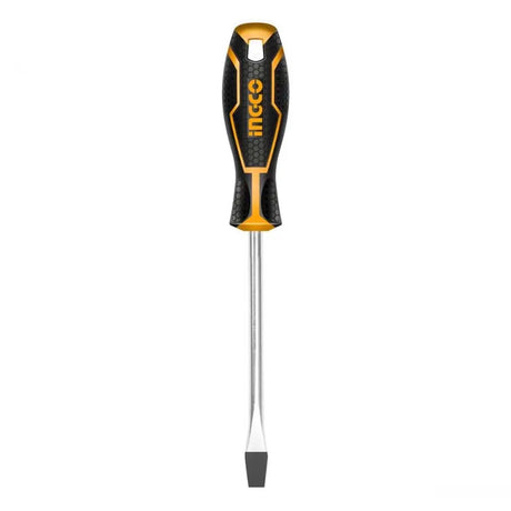 Screwdriver with black and yellow handle on a white background