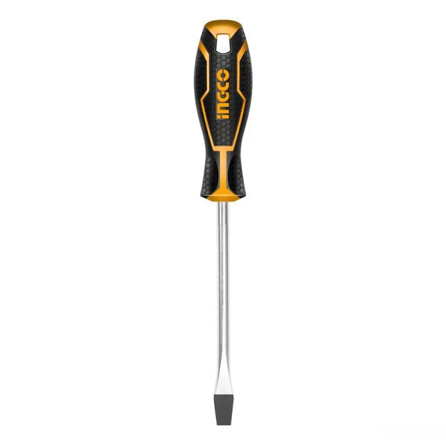 Screwdriver with black and yellow handle on a white background