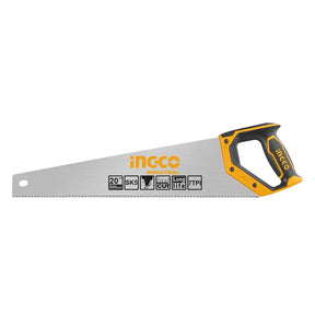 Hand saw with orange handle and 'INGCO' branding on a white background