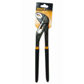 Pair of pliers with black handles on a white background, featuring the Ingco brand.