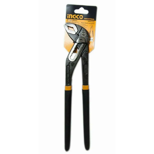 Pair of pliers with black handles on a white background, featuring the Ingco brand.