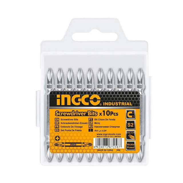 A 10-pack of INCCO Industrial S2 screwdriver bits in a clear plastic blister pack with a black and orange label.