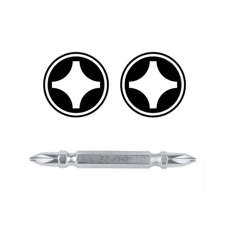 A silver PH2 screwdriver bit with a cross-shaped recess, shown below two black circular icon graphics representing the same shape on a plain white background.