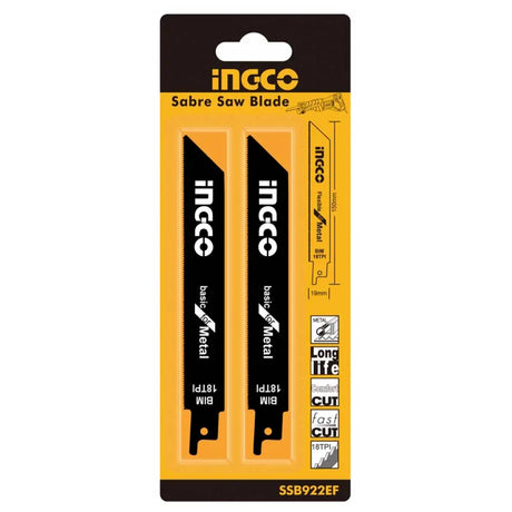Two INGO Sabre Saw Blades (SSB9222EF) in their original retail blister packaging. The packaging is yellow and black with the INGO brand logo and product specifications printed on the right side.