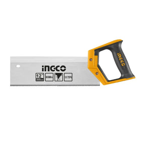 Hand saw with yellow and black handle on a white background