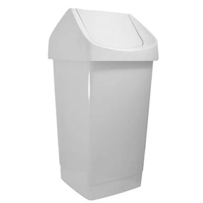 White trash bin with a swing lid on a white background
