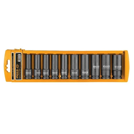 Set of 10 INGCO socket tools in a yellow holder on a white background