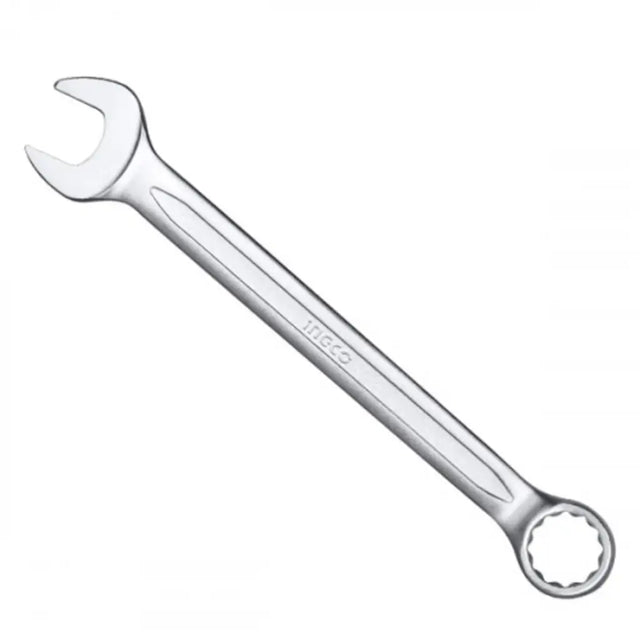 Silver combination wrench on a white background
