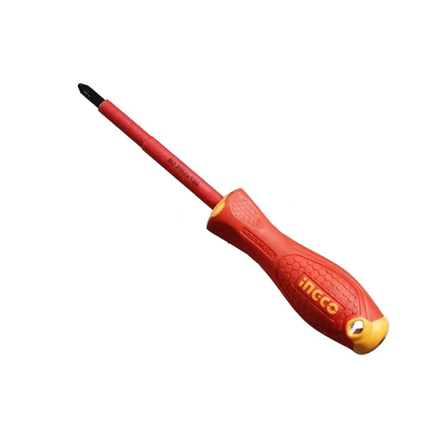 Red screwdriver with yellow handle on a white background