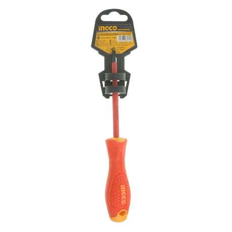 Screwdriver with red handle and black head on a white background, branded 'Ingco'.