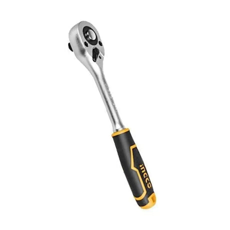 Ratchet wrench with black and yellow handle on a white background