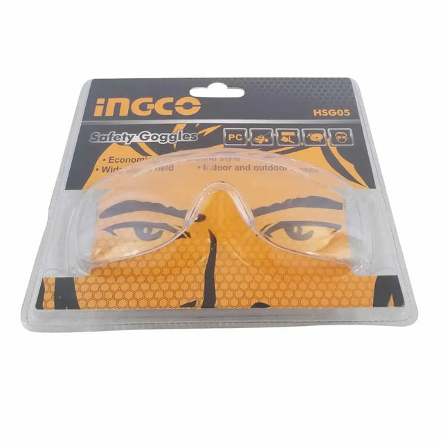 INGCO safety goggles in retail blister packaging, featuring clear protective lenses over a yellow and black tiger-face patterned insert card.