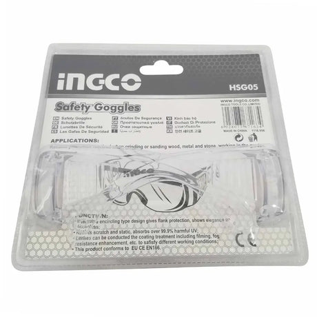 INGCO Safety Goggles in clear plastic blister packaging, model HSG05, featuring a clear lens and black frame.