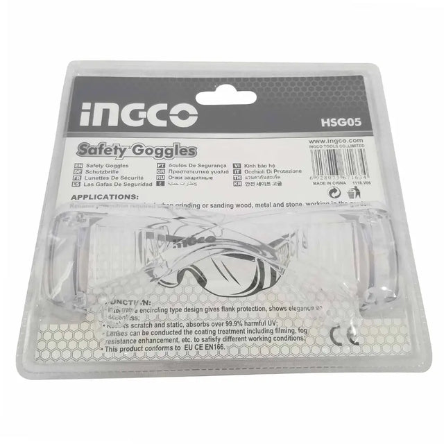INGCO Safety Goggles in clear plastic blister packaging, model HSG05, featuring a clear lens and black frame.