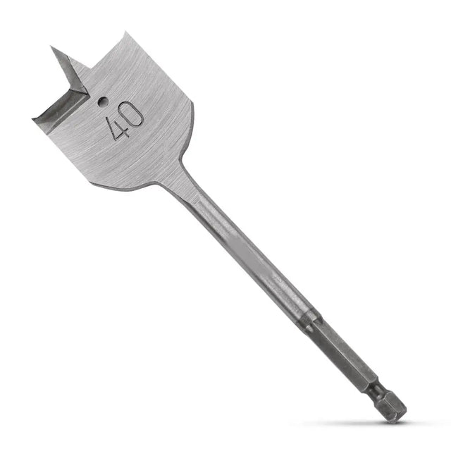 A metal spade drill bit with a brushed silver finish and the size number 40 engraved on the blade, shown diagonally on a clean white background.